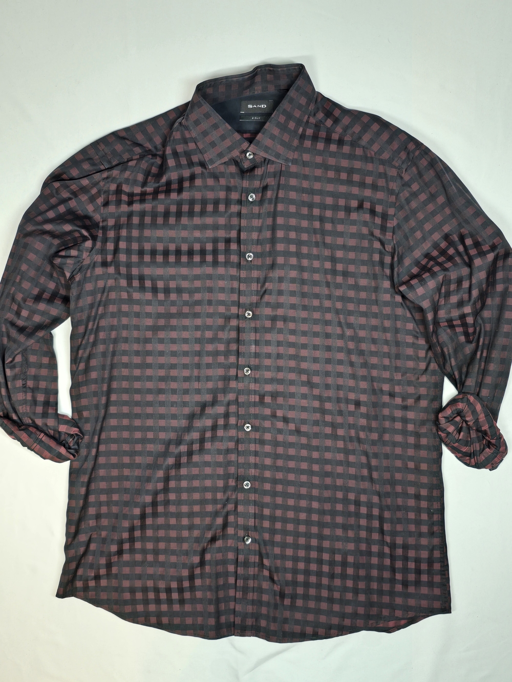 Sand Copenhagen 2 Ply 100% Cotton Burgundy Black Checkered Dress Shirt